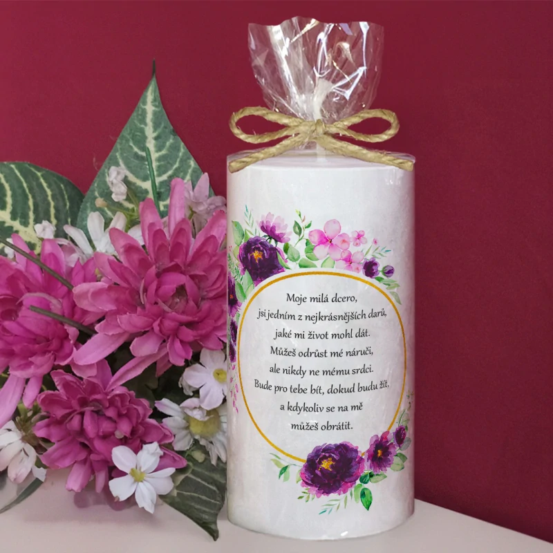 Svíčka PRO DCERU - fialové květy - různé texty