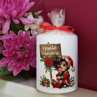 VÁNOČNÍ ELF - dárková dekorovaná vánoční svíčka